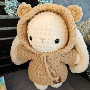 Handmade Crochet Long Floppy-Eared Bunny Plushie in Bear Costume Hoodie –8” Tall